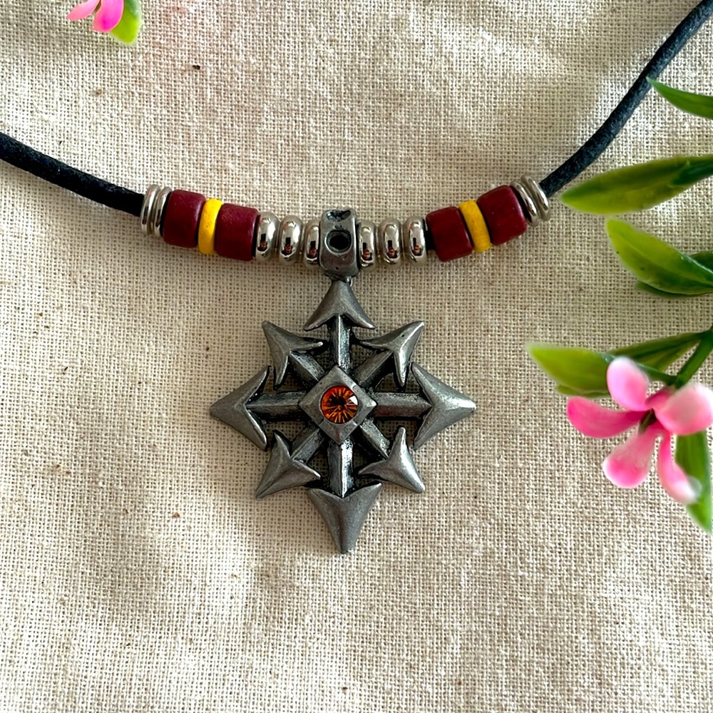 Mens Silver Star Pendant Necklace Orange Gem Red Yellow Beads Cord